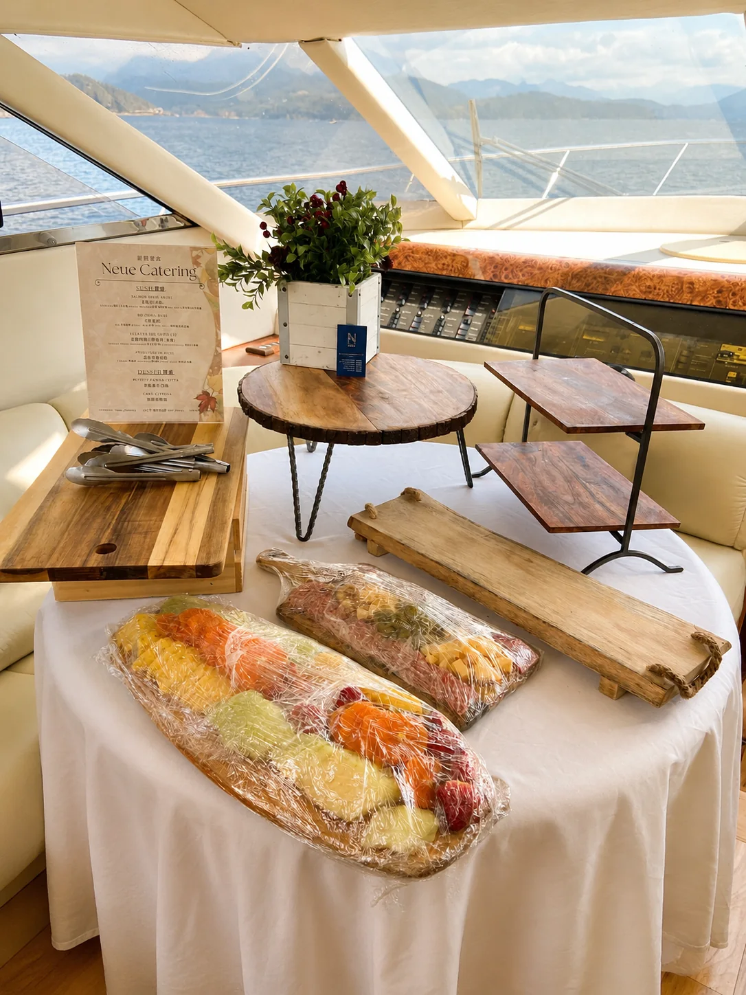 Catering setup on the Fairline Celeste flybridge yacht