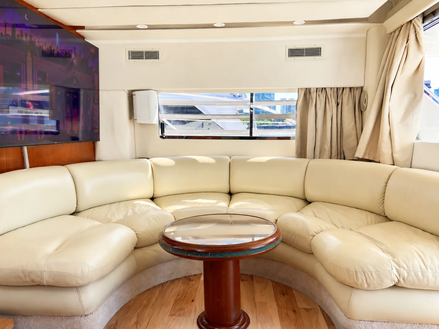 Wraparound leather seating in the Fairline Celeste main salon