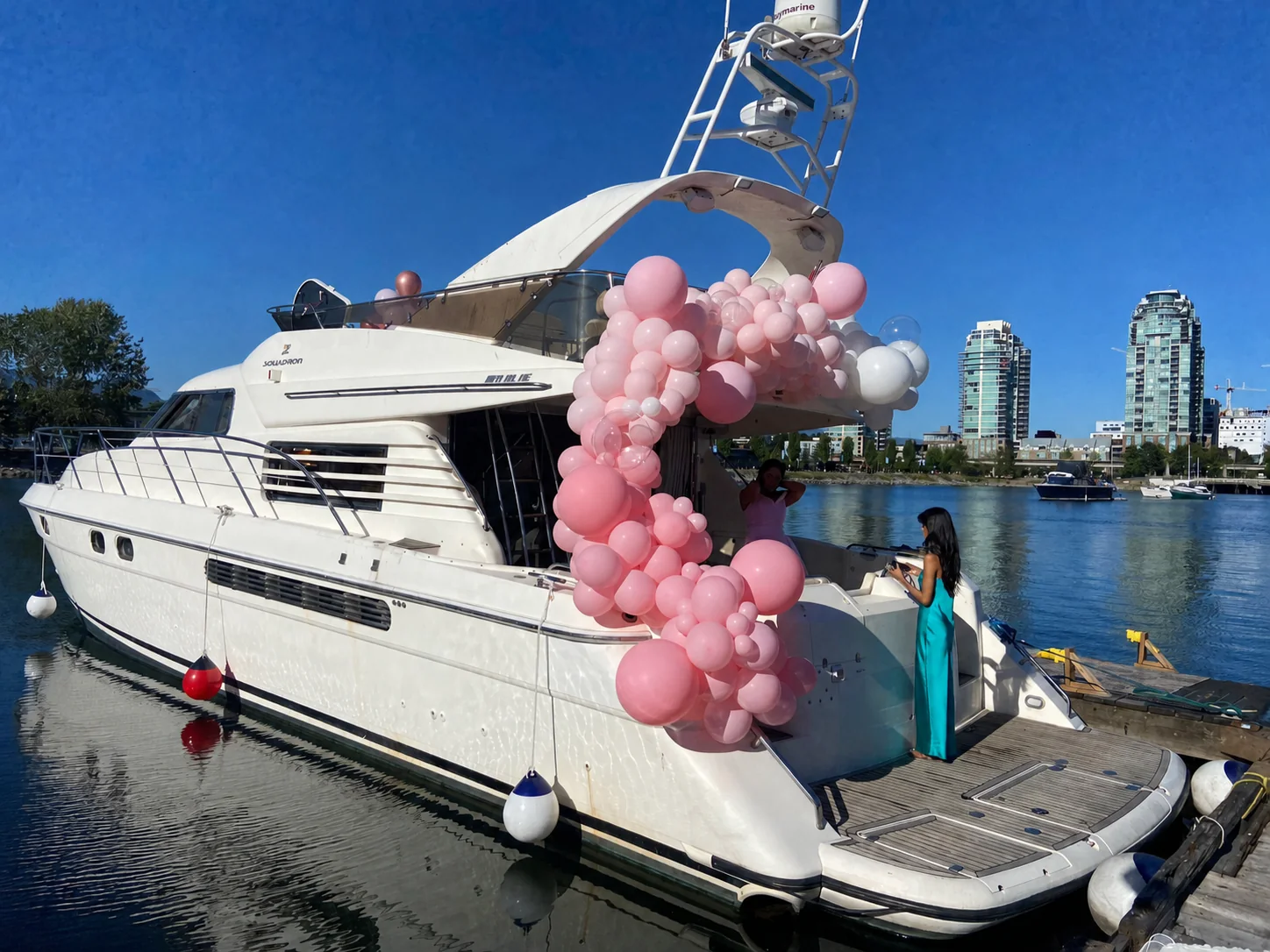 Fairline Celeste yacht decorated for a birthday charter in Vancouver