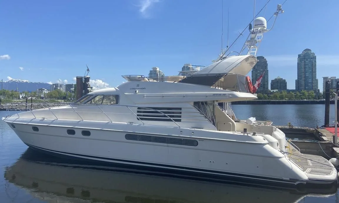 Three-quarter exterior view of the Fairline Celeste yacht in Vancouver