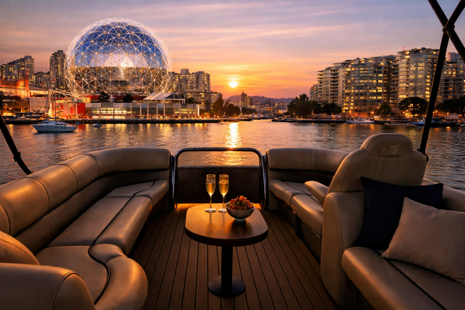 SeaSky Cruises flat deck yacht on Vancouver harbour at sunset