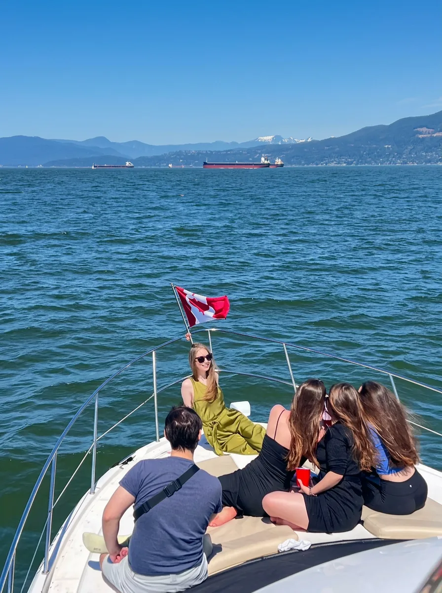 Luxury yacht group cruise with ocean and mountain views near West Vancouver and Kitsilano Beach by SeaSky Cruises