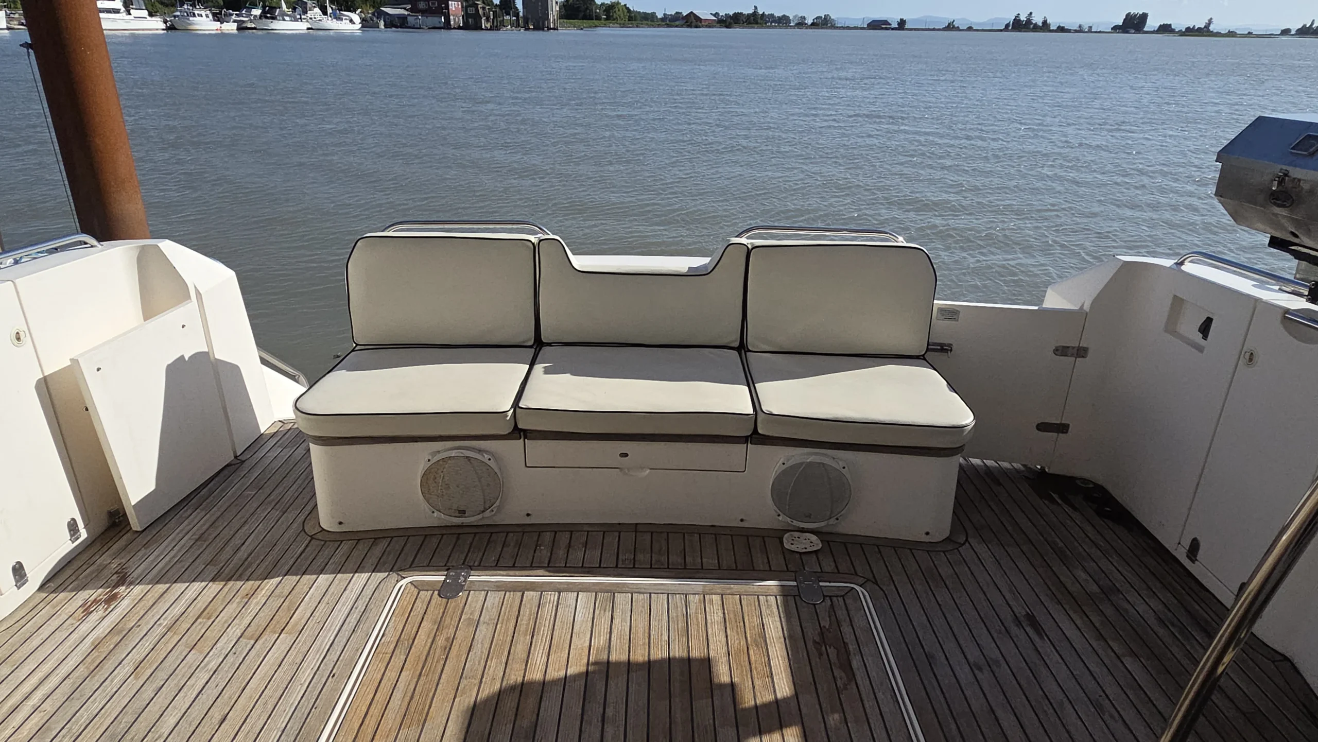 Outdoor seating aboard the Fairline Celeste yacht