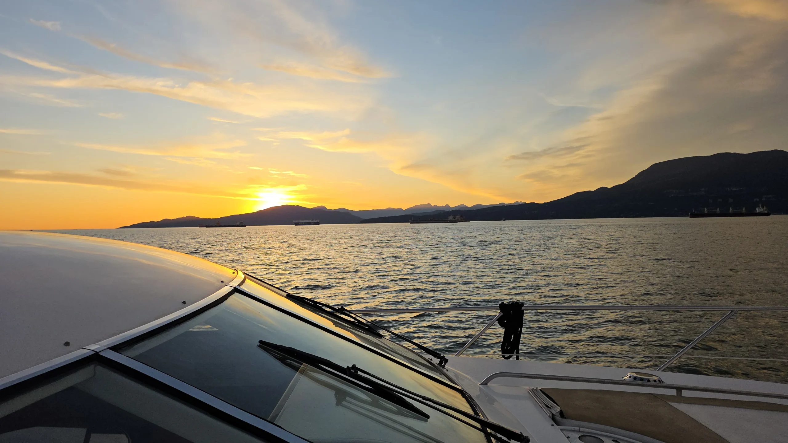 Fairline Celeste luxury yacht cruising in Vancouver with open flybridge seating